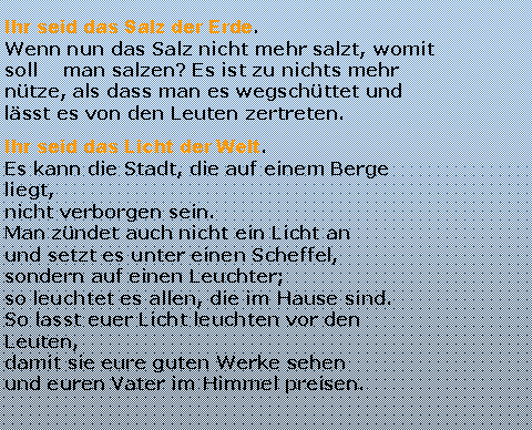 Textfeld: Ihr seid das Salz der Erde. Wenn nun das Salz nicht mehr salzt, womit soll    man salzen? Es ist zu nichts mehr ntze, als dass man es wegschttet und lsst es von den Leuten zertreten. Ihr seid das Licht der Welt. Es kann die Stadt, die auf einem Berge liegt, nicht verborgen sein. Man zndet auch nicht ein Licht an und setzt es unter einen Scheffel, sondern auf einen Leuchter; so leuchtet es allen, die im Hause sind. So lasst euer Licht leuchten vor den Leuten, damit sie eure guten Werke sehen und euren Vater im Himmel preisen.