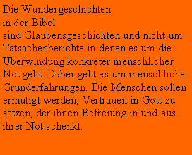 Textfeld: Die Wundergeschichten in der Bibel sind Glaubensgeschichten und nicht um Tatsachenberichte in denen es um die berwindung konkreter menschlicher Not geht. Dabei geht es um menschliche Grunderfahrungen. Die Menschen sollen ermutigt werden, Vertrauen in Gott zu setzen, der ihnen Befreiung in und aus ihrer Not schenkt. 
